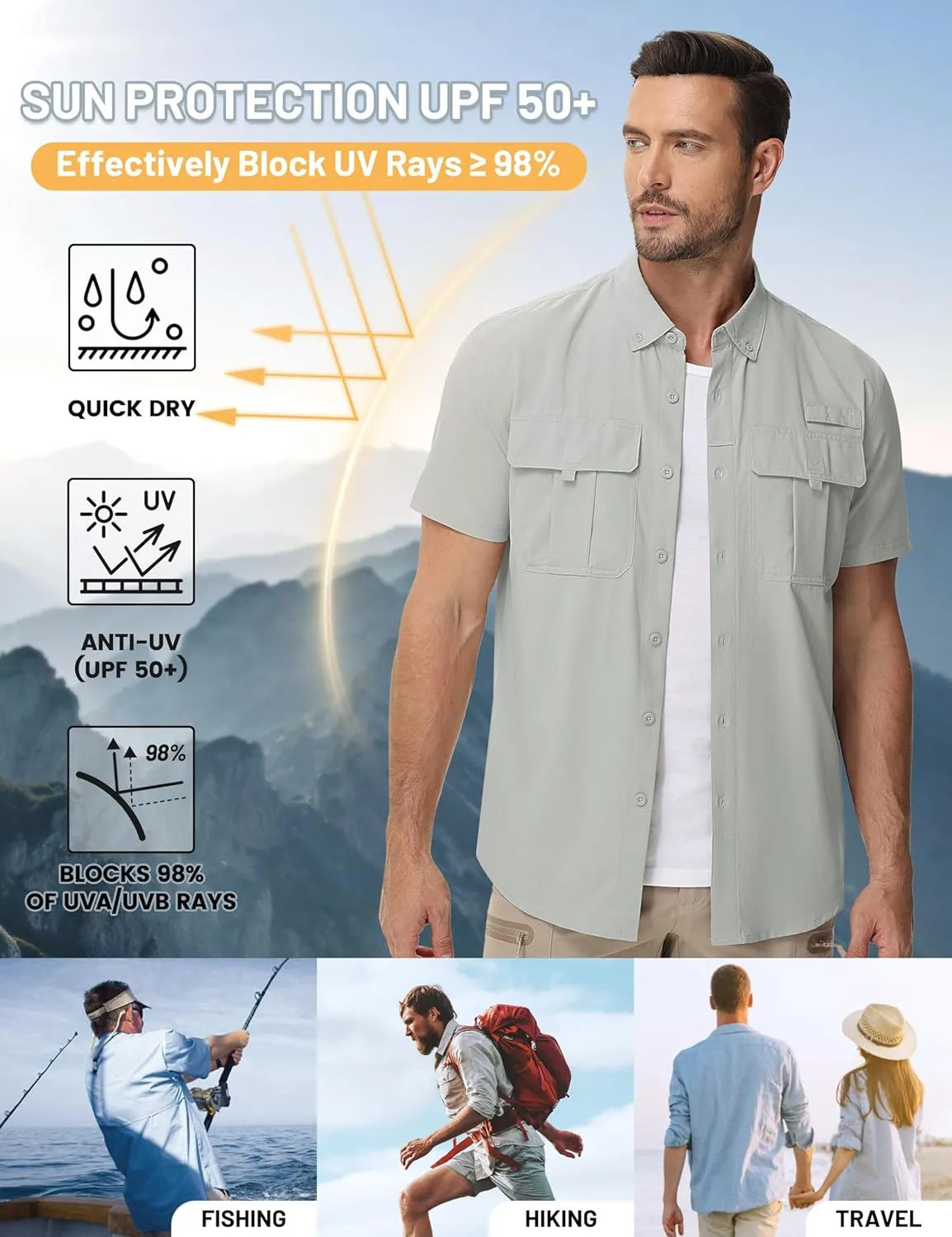 TACVASEN Mens Short Sleeve Sun Protection Shirt UPF 50  Quick Dry Fishing Cooling UV Shirts Outdoor Tactical Hiking Shirts