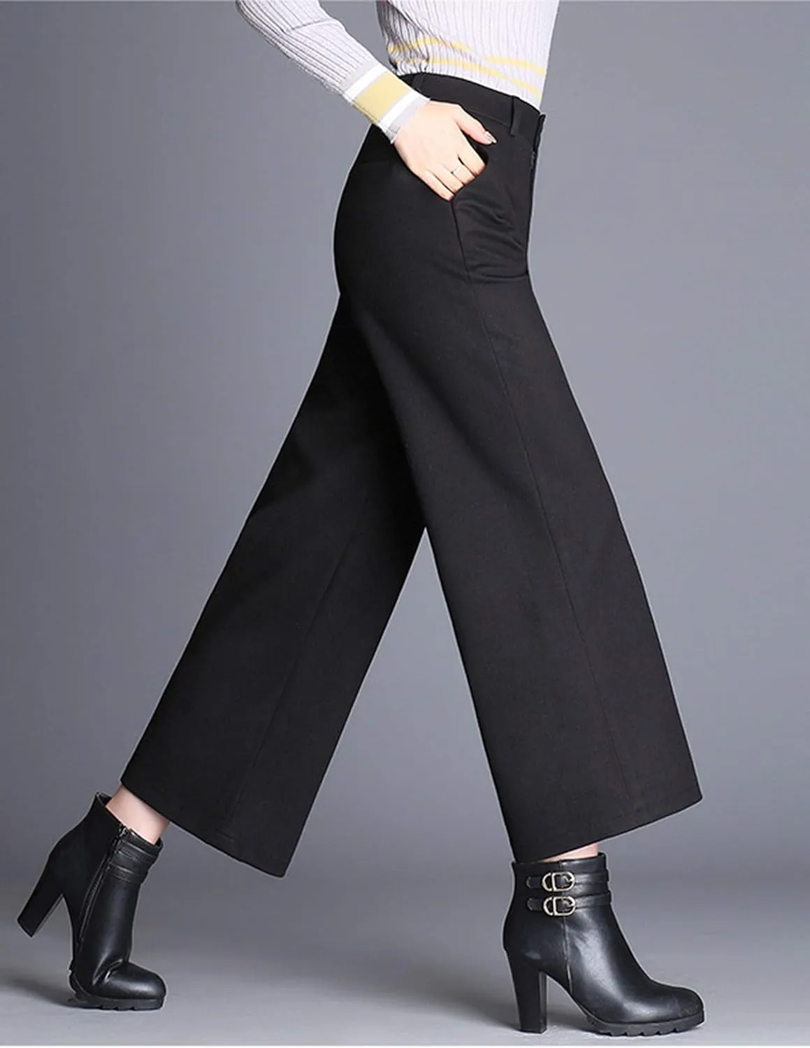 Tanming Women's Casual High Waist Trousers Wool Blend Cropped Wide Leg Pants