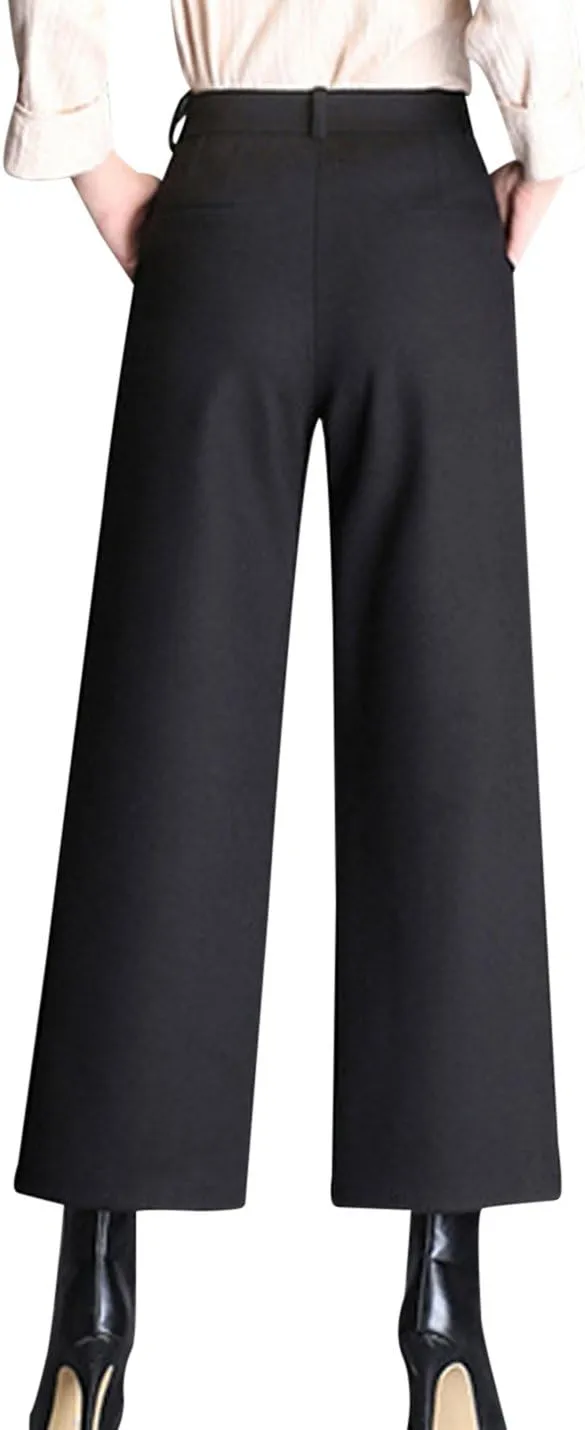 Tanming Women's Casual High Waist Trousers Wool Blend Cropped Wide Leg Pants