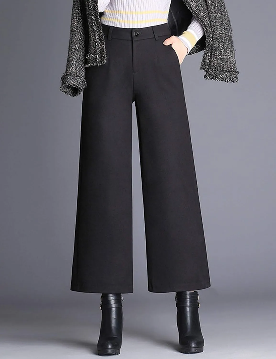 Tanming Women's Casual High Waist Trousers Wool Blend Cropped Wide Leg Pants