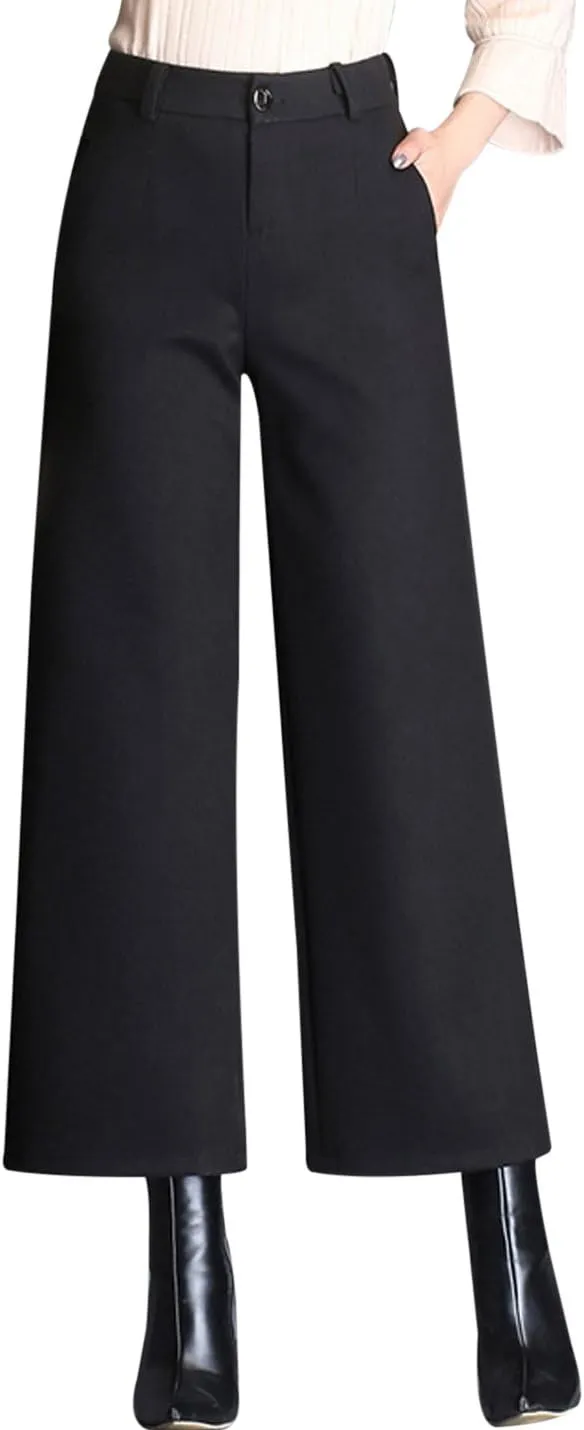 Tanming Women's Casual High Waist Trousers Wool Blend Cropped Wide Leg Pants