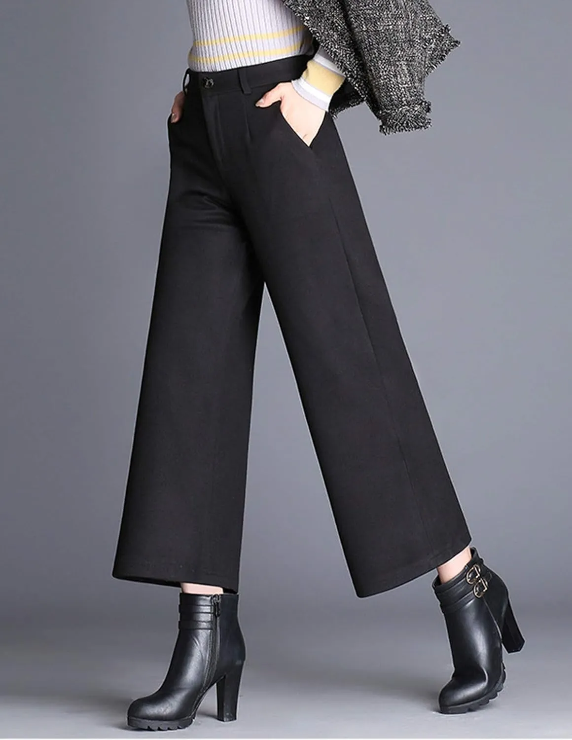 Tanming Women's Casual High Waist Trousers Wool Blend Cropped Wide Leg Pants