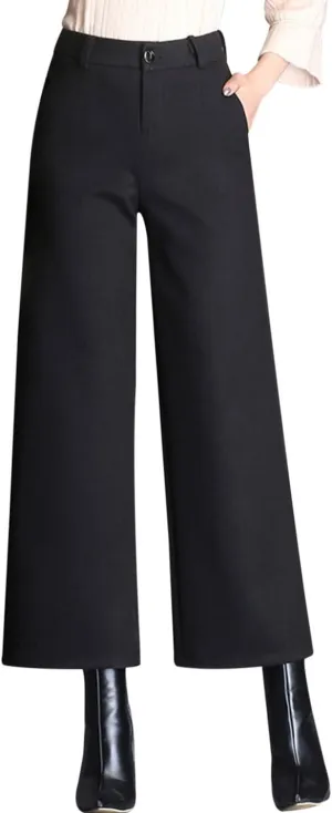 Tanming Women's Casual High Waist Trousers Wool Blend Cropped Wide Leg Pants
