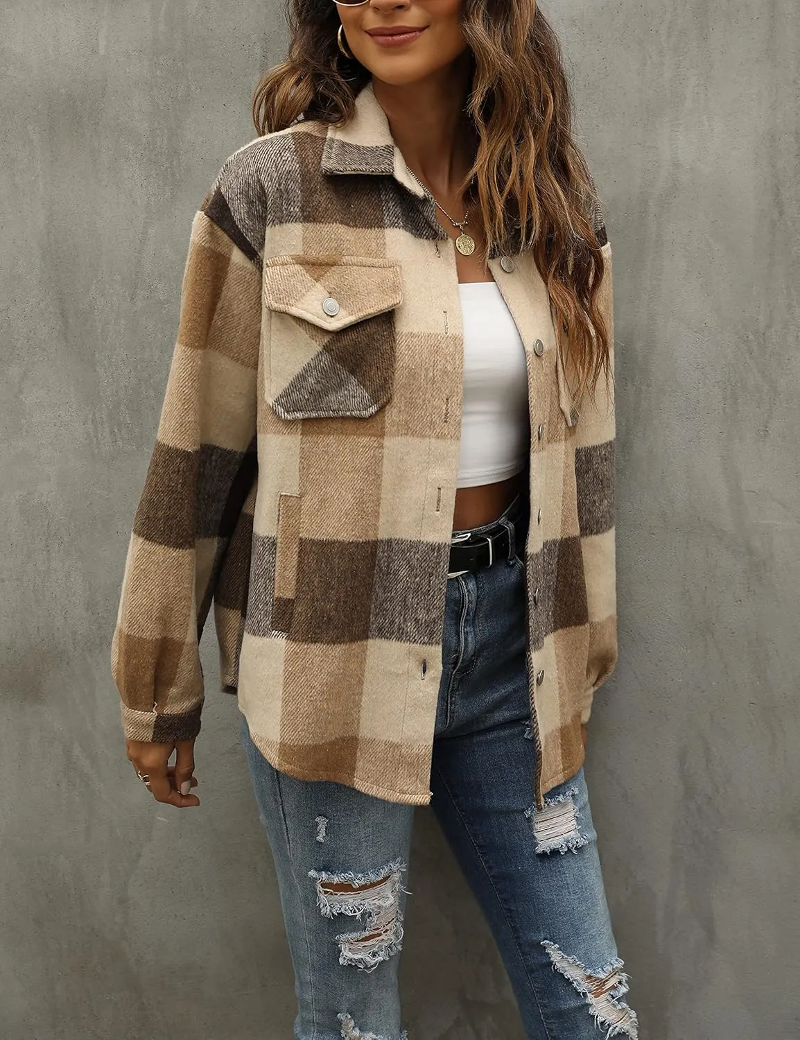 Tanming Womens Flannel Plaid Shacket Wool Blend Button Down Shirt Fall Fashion Jacket