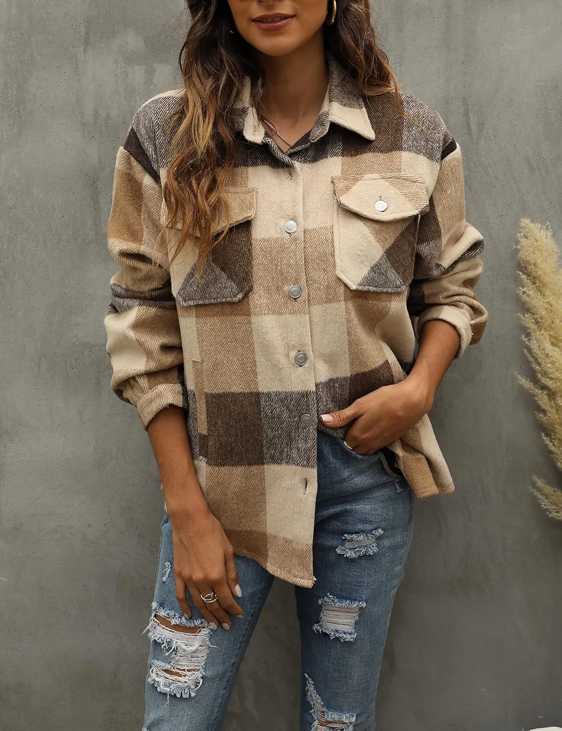 Tanming Womens Flannel Plaid Shacket Wool Blend Button Down Shirt Fall Fashion Jacket