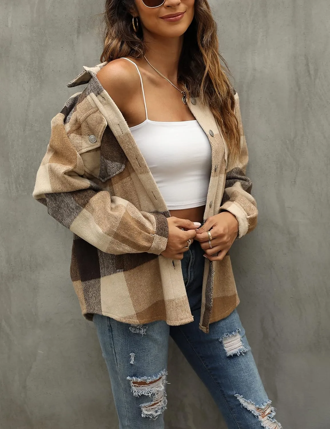 Tanming Womens Flannel Plaid Shacket Wool Blend Button Down Shirt Fall Fashion Jacket