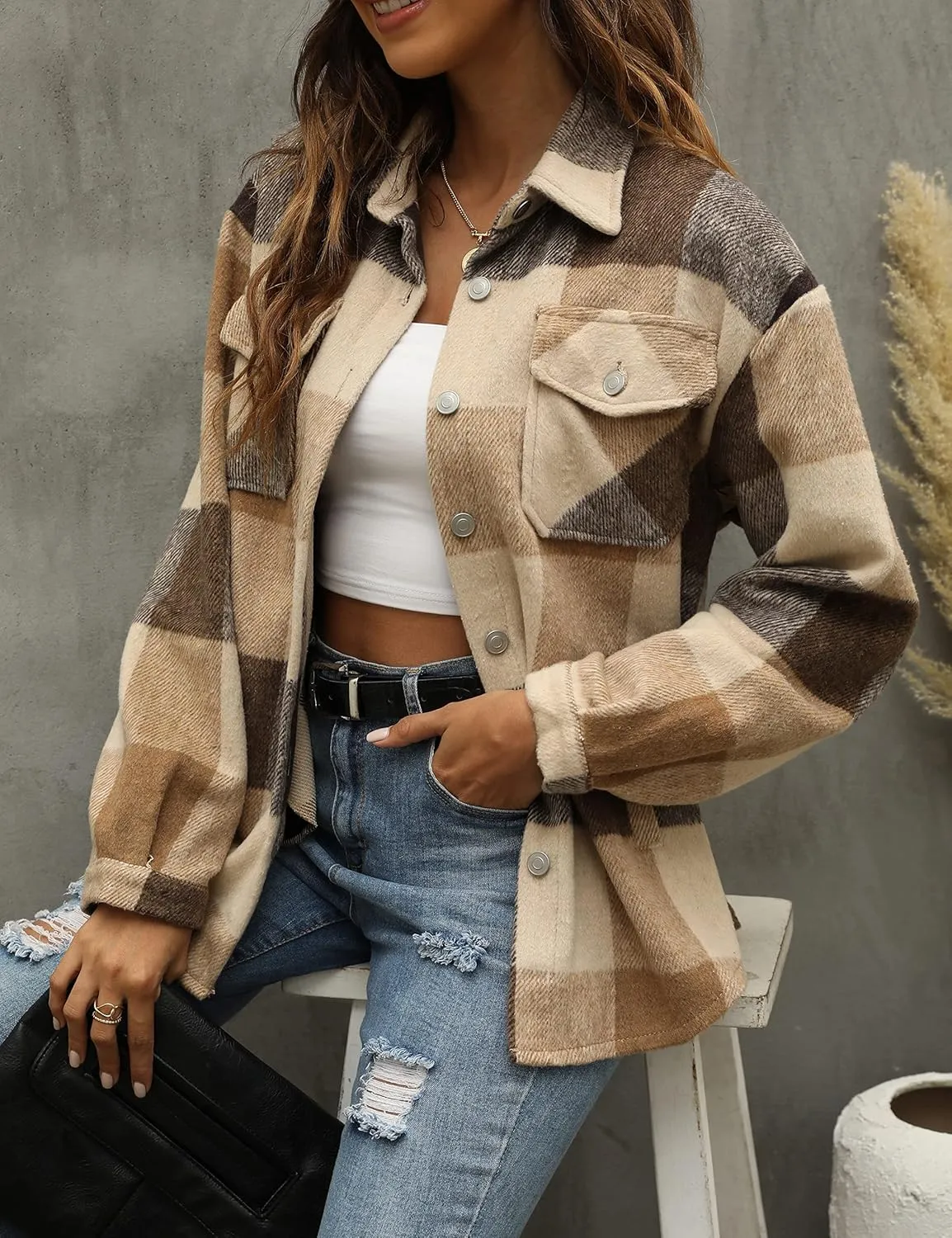 Tanming Womens Flannel Plaid Shacket Wool Blend Button Down Shirt Fall Fashion Jacket