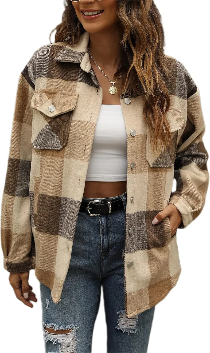 Tanming Womens Flannel Plaid Shacket Wool Blend Button Down Shirt Fall Fashion Jacket