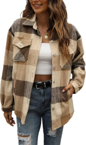 Tanming Womens Flannel Plaid Shacket Wool Blend Button Down Shirt Fall Fashion Jacket