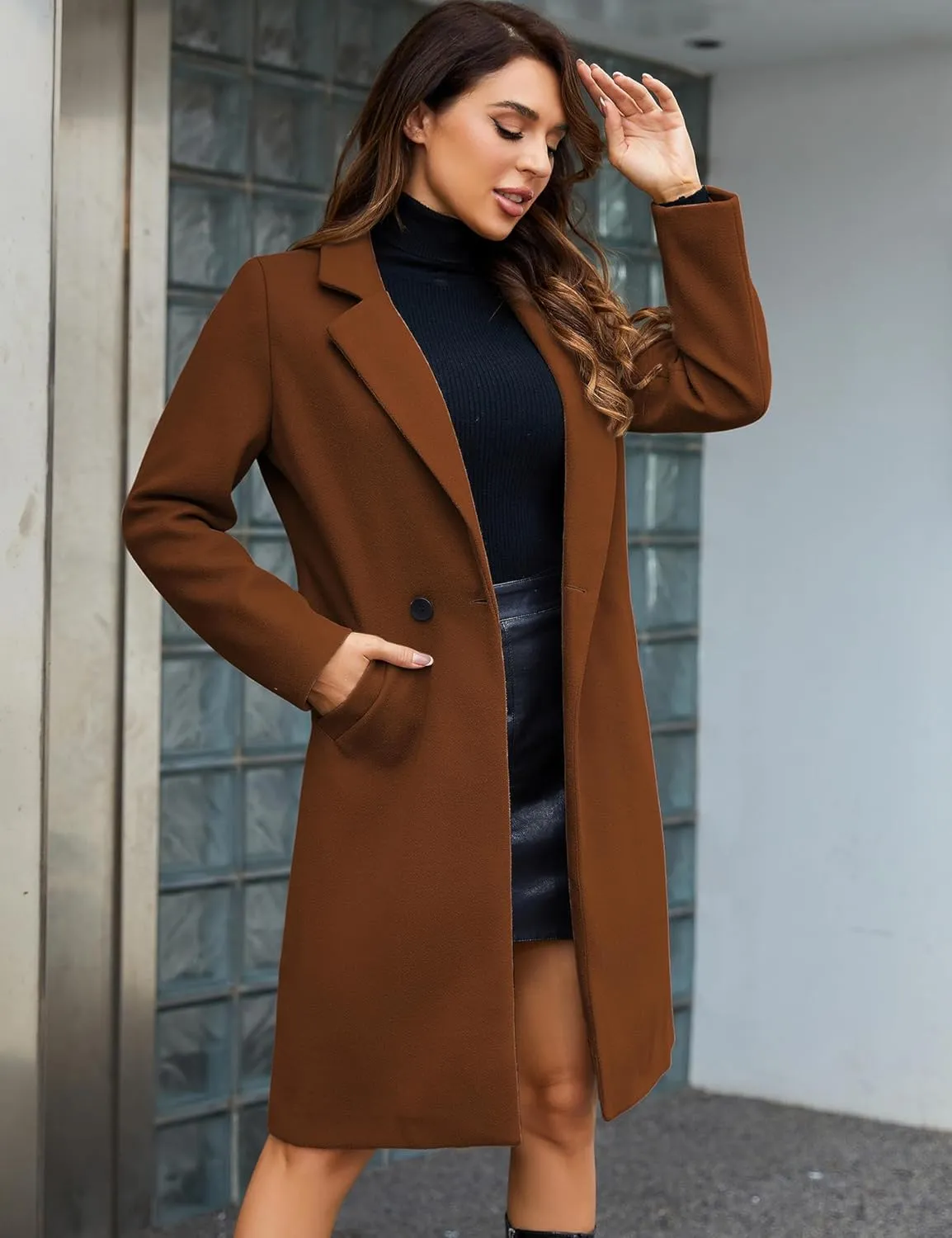 Tanming Women's Notch Lapel Double Breasted Wool Blend Mid Long Pea Trench Coat