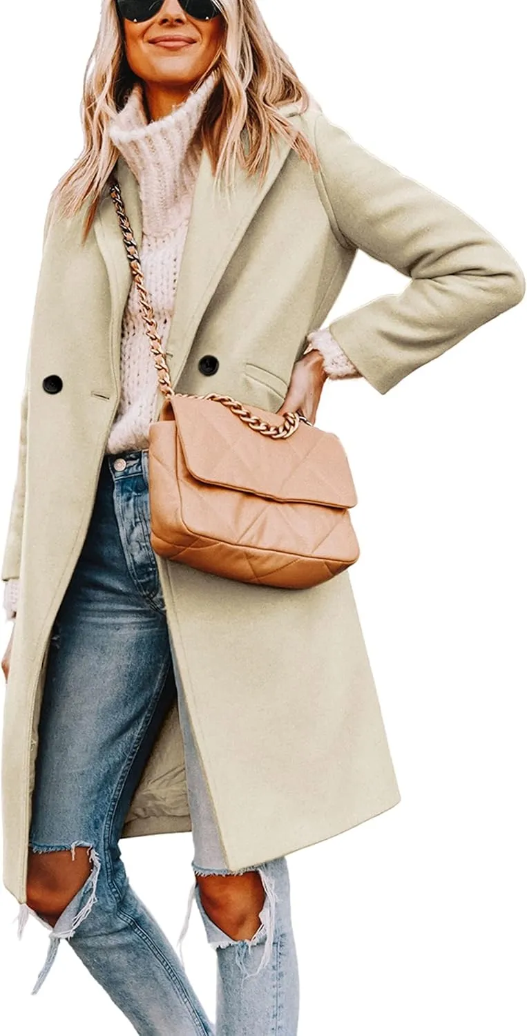 Tanming Women's Notch Lapel Double Breasted Wool Blend Mid Long Pea Trench Coat