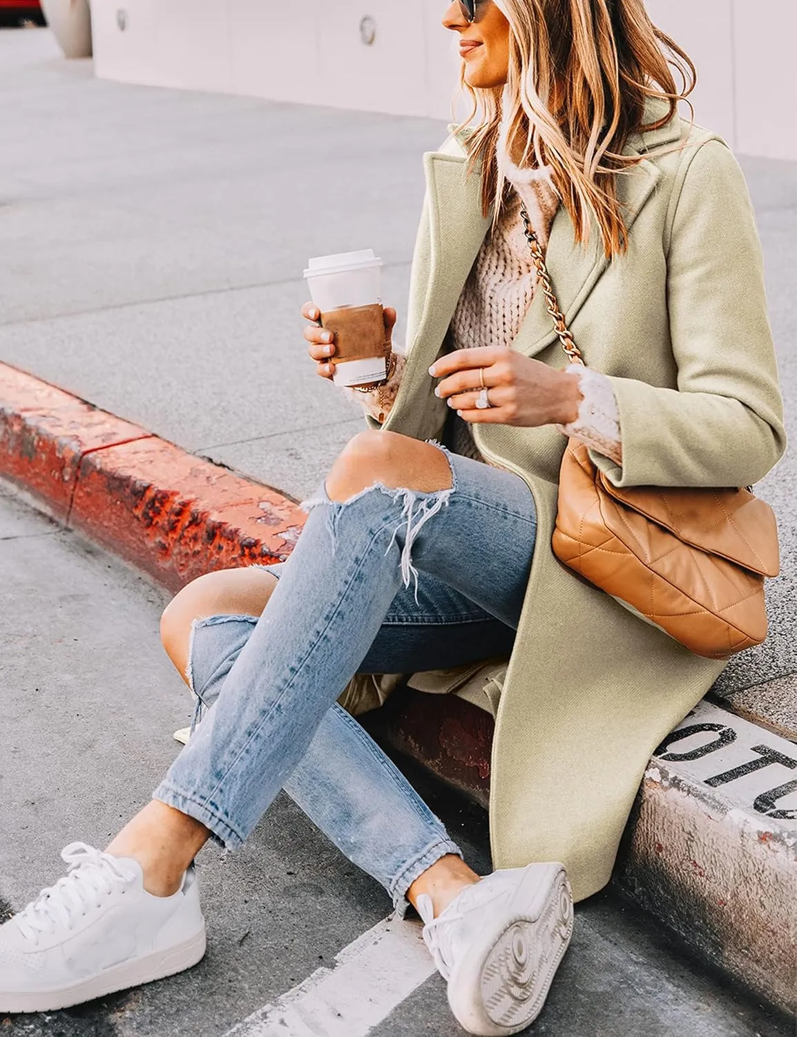 Tanming Women's Notch Lapel Double Breasted Wool Blend Mid Long Pea Trench Coat