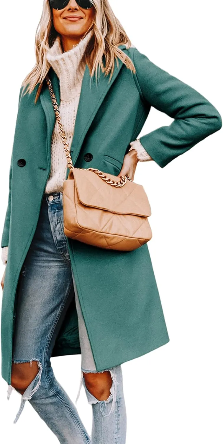 Tanming Women's Notch Lapel Double Breasted Wool Blend Mid Long Pea Trench Coat