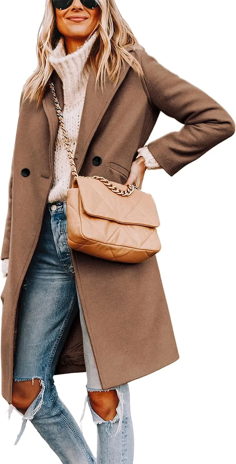 Tanming Women's Notch Lapel Double Breasted Wool Blend Mid Long Pea Trench Coat