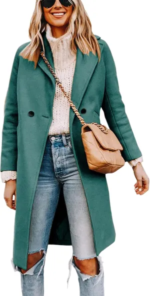 Tanming Women's Notch Lapel Double Breasted Wool Blend Mid Long Pea Trench Coat
