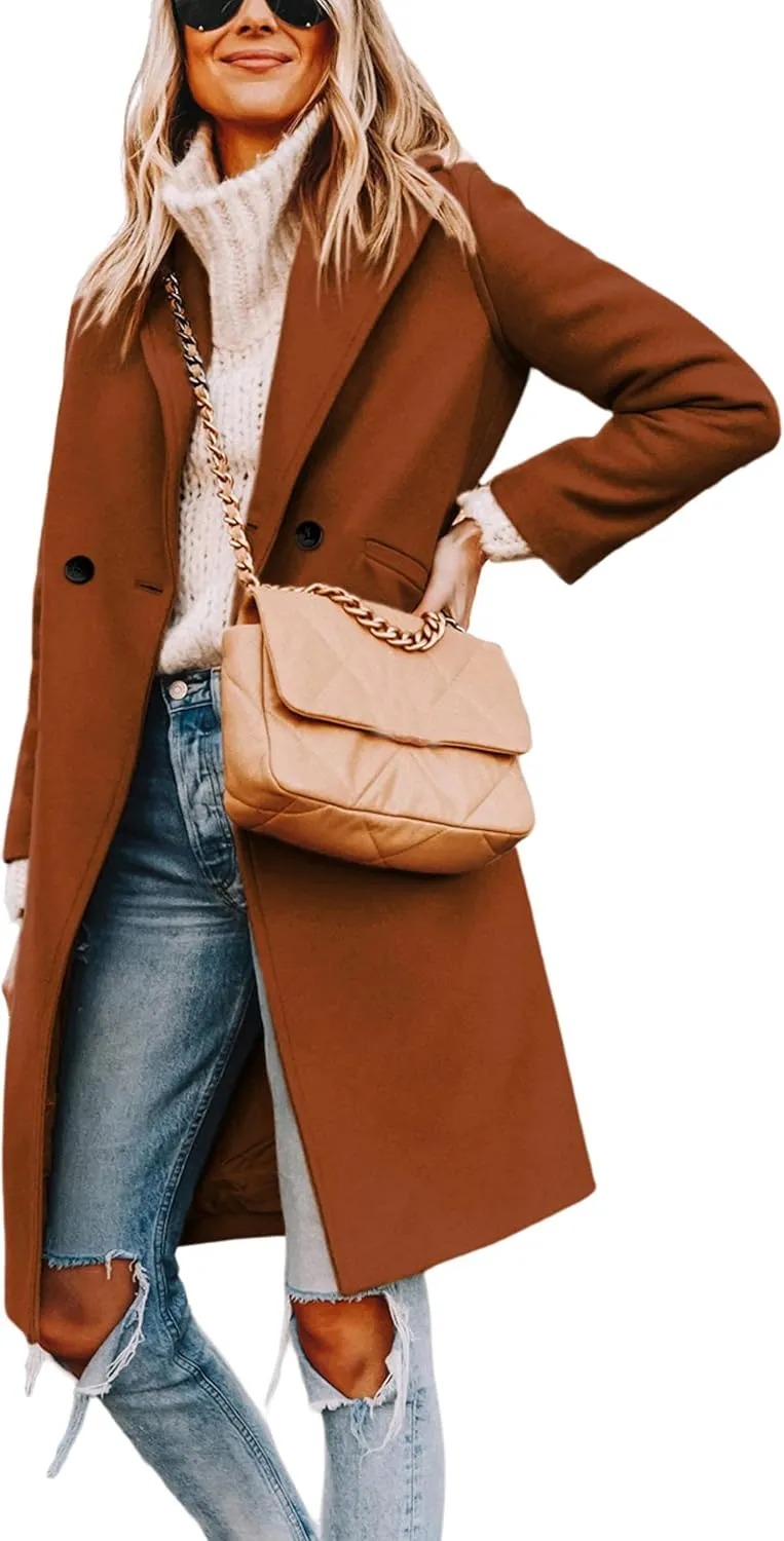 Tanming Women's Notch Lapel Double Breasted Wool Blend Mid Long Pea Trench Coat