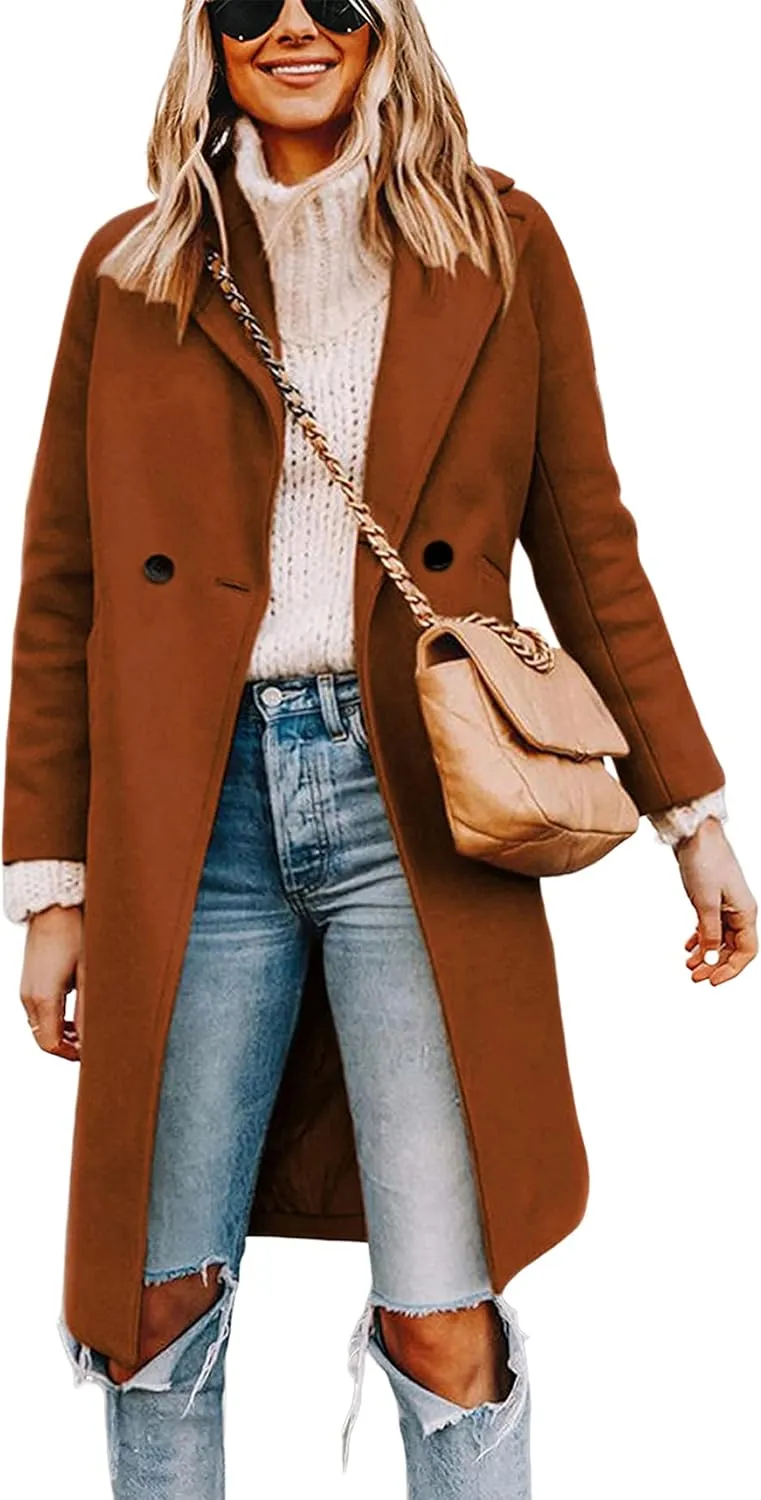 Tanming Women's Notch Lapel Double Breasted Wool Blend Mid Long Pea Trench Coat