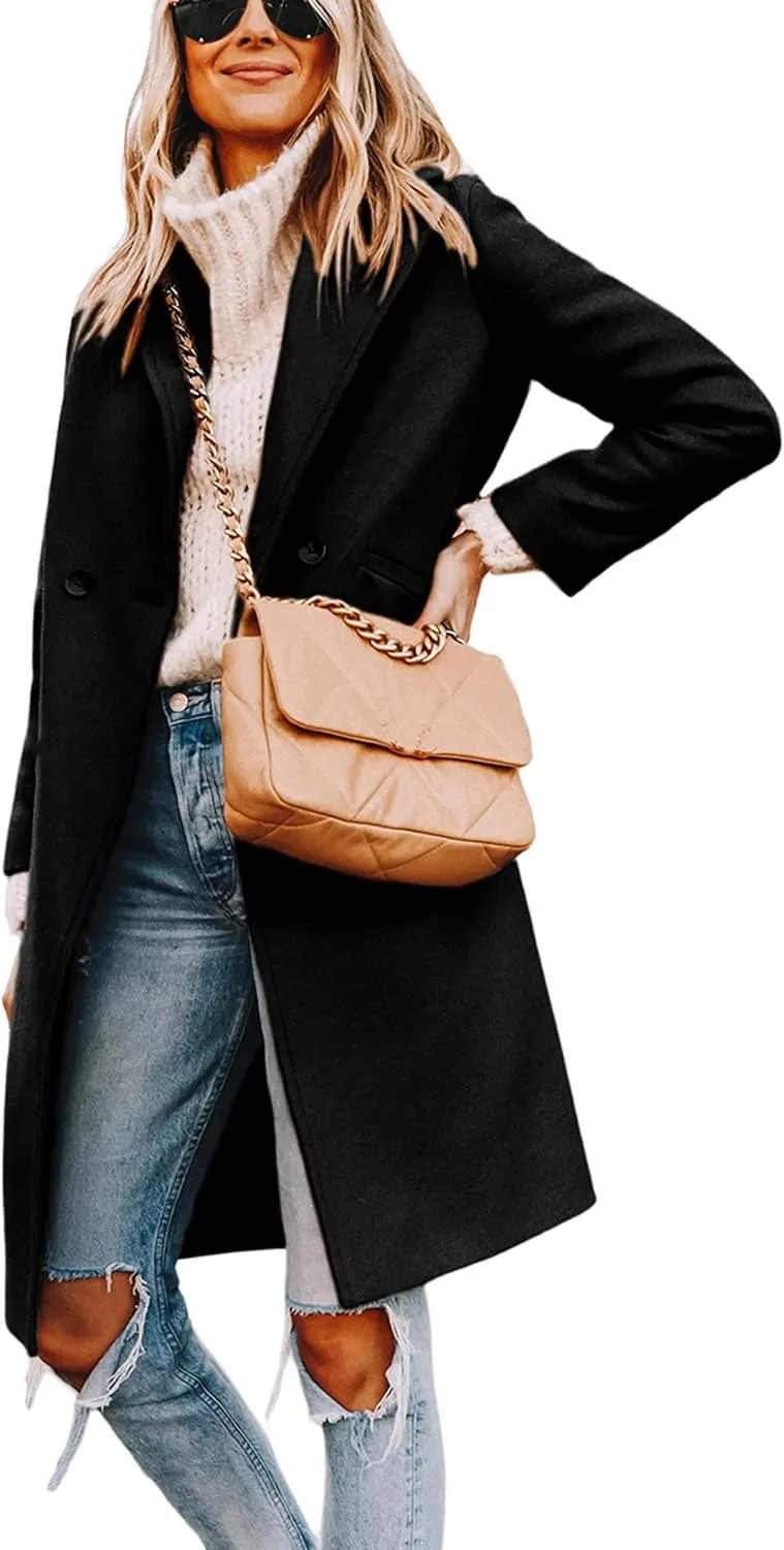 Tanming Women's Notch Lapel Double Breasted Wool Blend Mid Long Pea Trench Coat