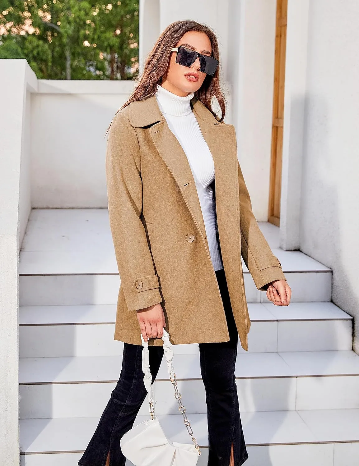 Tanming Women's Winter Double Breasted Coat Black Wool Peacoat Long Sleeve Trench Coat