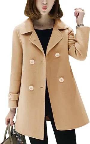 Tanming Women's Winter Double Breasted Coat Black Wool Peacoat Long Sleeve Trench Coat