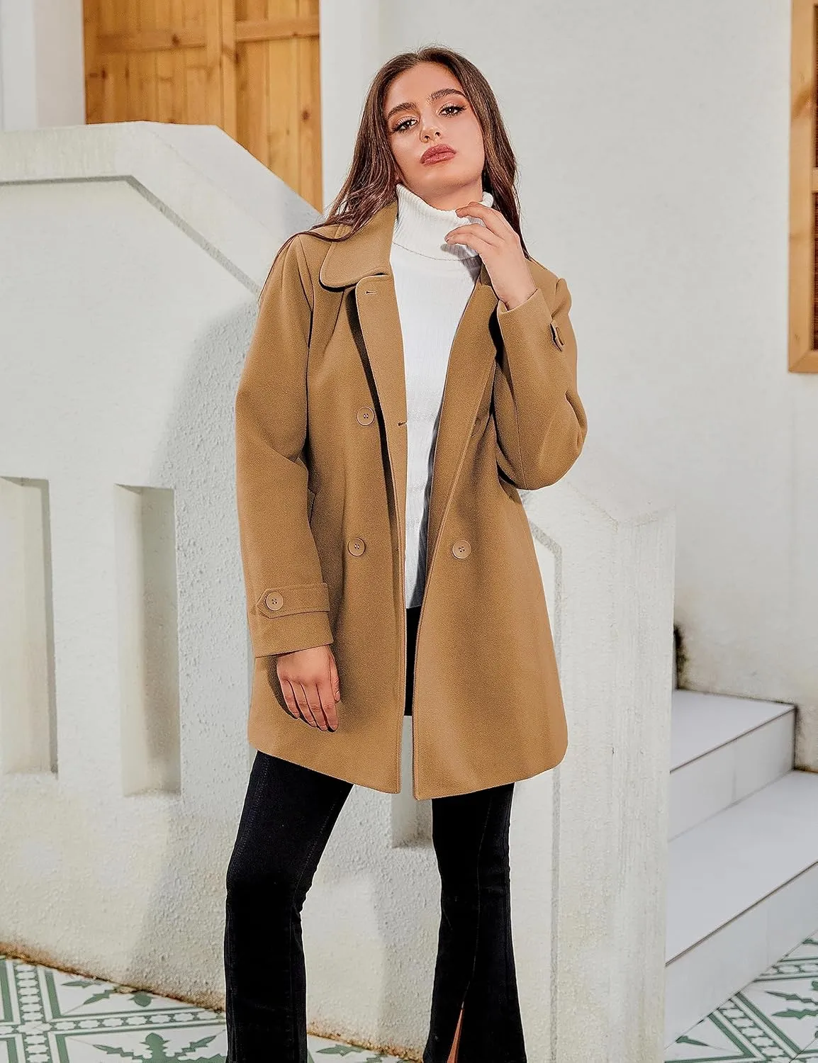 Tanming Women's Winter Double Breasted Coat Black Wool Peacoat Long Sleeve Trench Coat