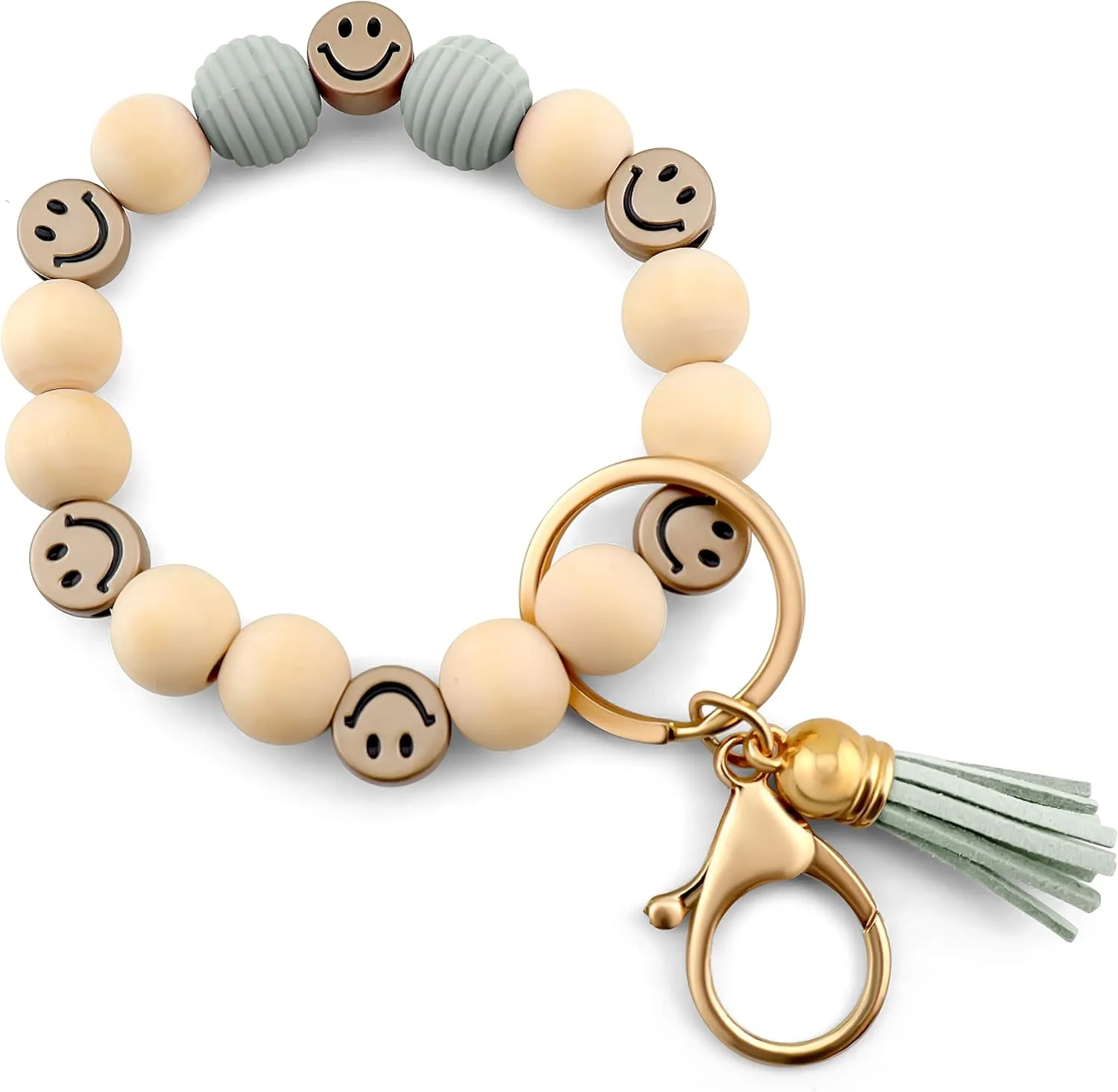 Tassel Smile Key Chain Bracelet for Women Wooden Happy Faces Beaded Key Chain Wristlet Keychain for Car Keys