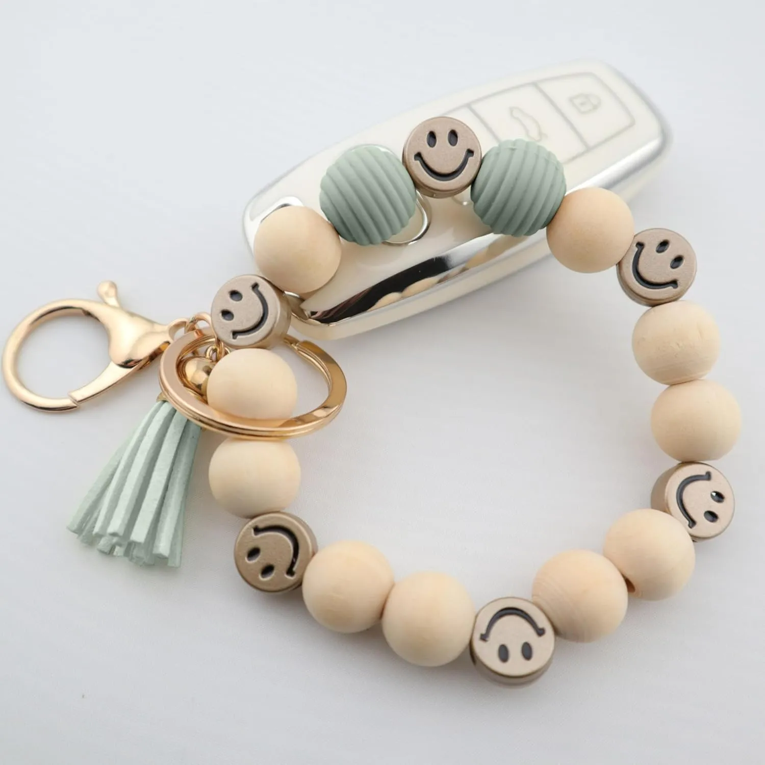 Tassel Smile Key Chain Bracelet for Women Wooden Happy Faces Beaded Key Chain Wristlet Keychain for Car Keys