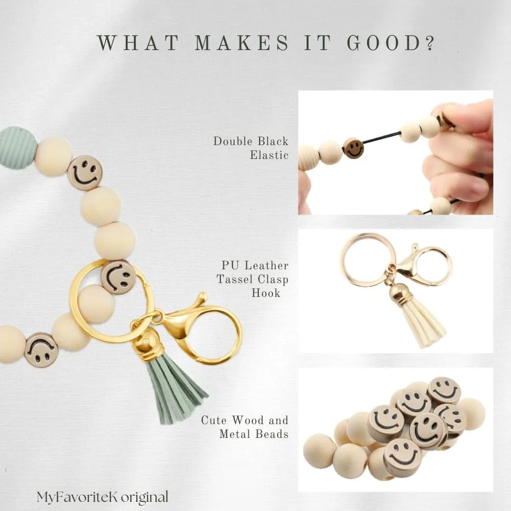Tassel Smile Key Chain Bracelet for Women Wooden Happy Faces Beaded Key Chain Wristlet Keychain for Car Keys