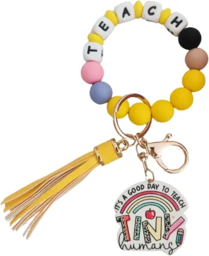 Teacher Appreciation Gifts Silicone Bracelet Keychain Handmade Keyring Wristlet with Leather Tassel Wallet Women