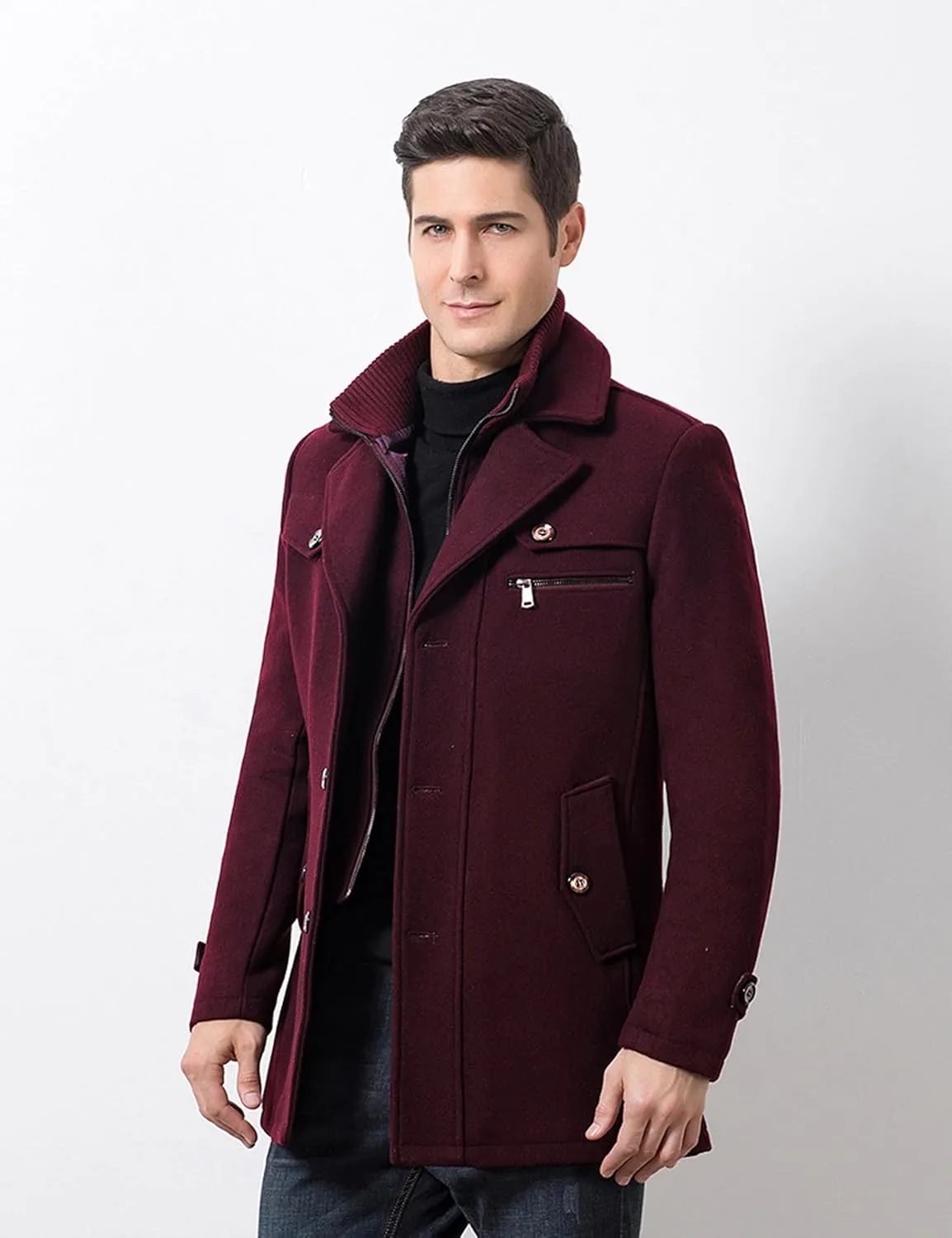Tebreux Men's Winter Pea Coat Slim Fit Single Breasted Short Wool Jacket Woolen Trench Coat