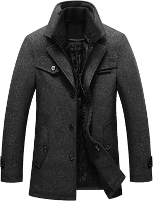 Tebreux Men's Winter Pea Coat Slim Fit Single Breasted Short Wool Jacket Woolen Trench Coat