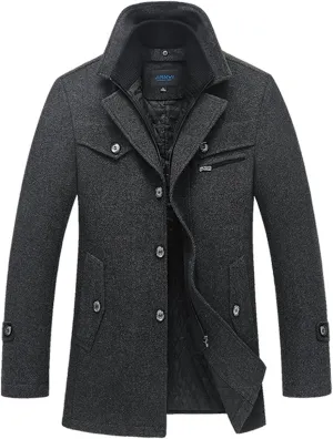 Tebreux Men's Winter Pea Coat Slim Fit Single Breasted Short Wool Jacket Woolen Trench Coat