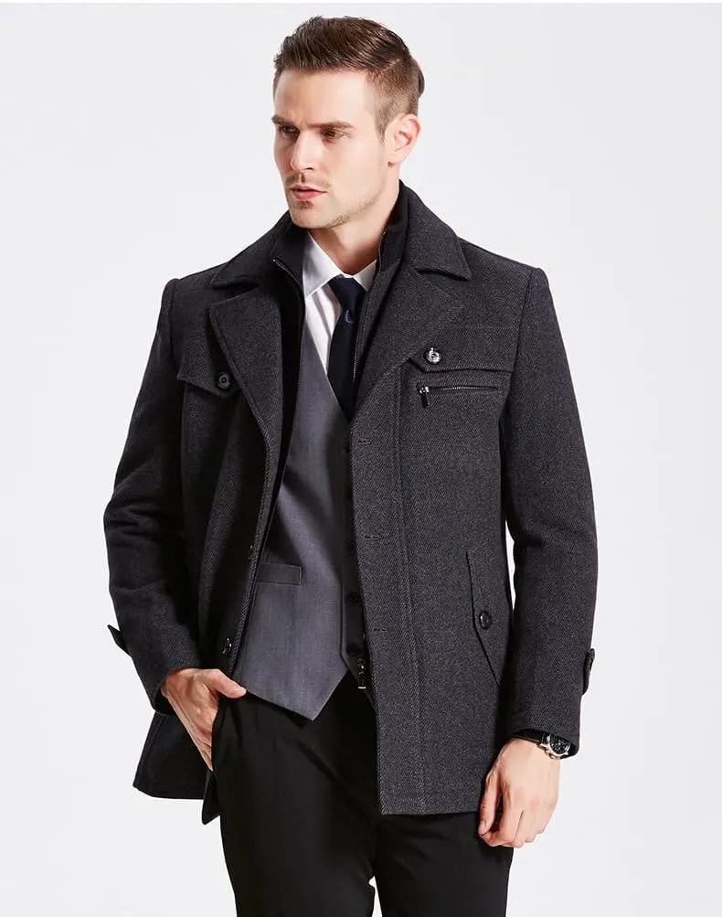 Tebreux Men's Winter Pea Coat Slim Fit Single Breasted Short Wool Jacket Woolen Trench Coat