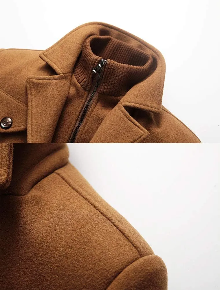 Tebreux Men's Winter Pea Coat Slim Fit Single Breasted Short Wool Jacket Woolen Trench Coat