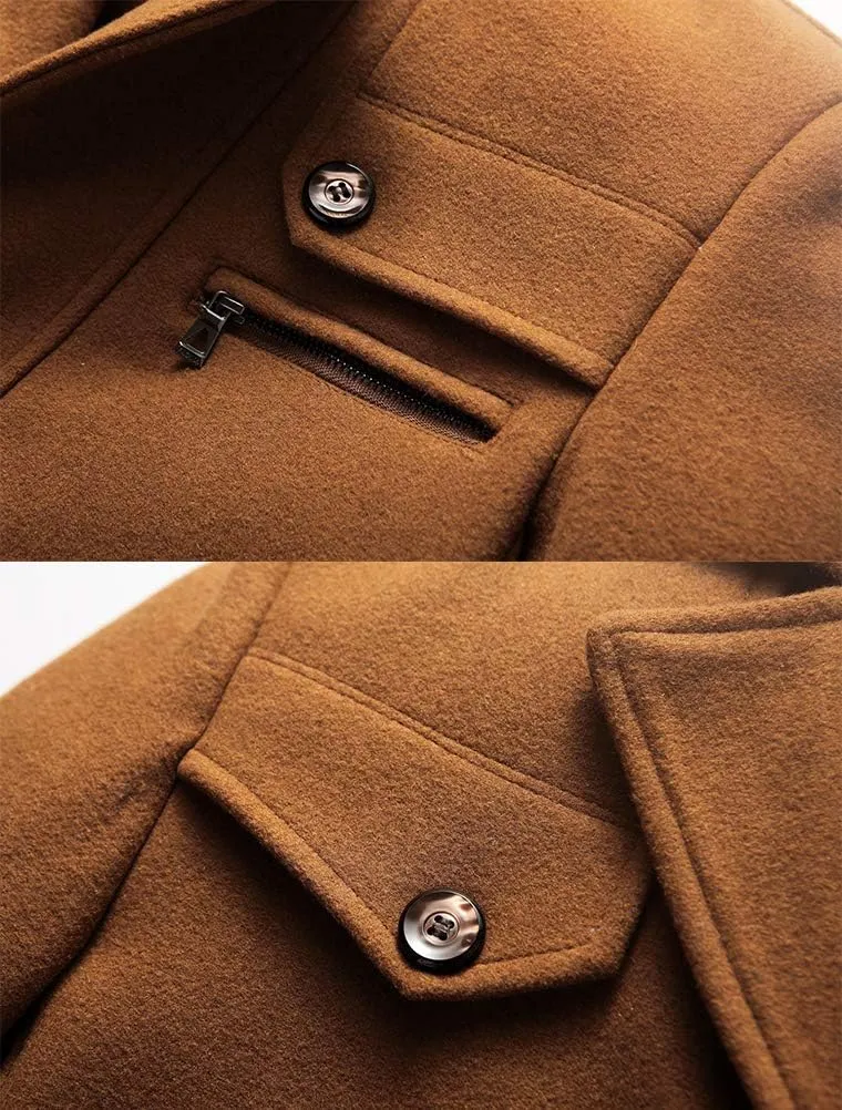 Tebreux Men's Winter Pea Coat Slim Fit Single Breasted Short Wool Jacket Woolen Trench Coat