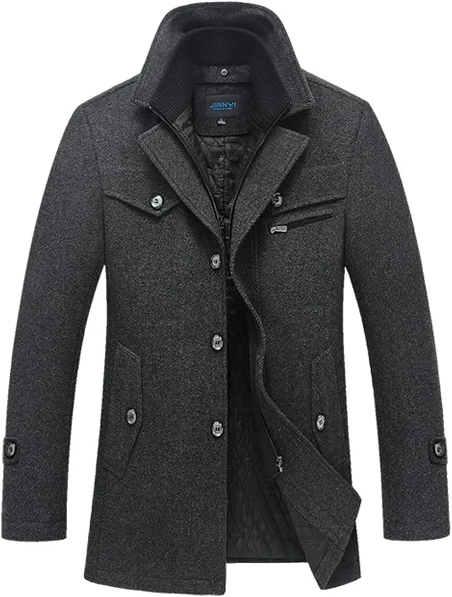 Tebreux Men's Winter Pea Coat Slim Fit Single Breasted Short Wool Jacket Woolen Trench Coat