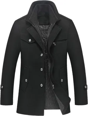 Tebreux Men's Winter Pea Coat Slim Fit Single Breasted Short Wool Jacket Woolen Trench Coat