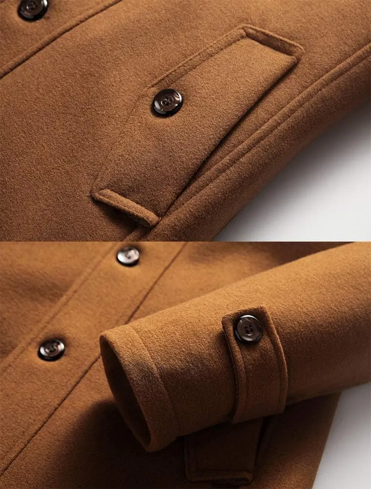 Tebreux Men's Winter Pea Coat Slim Fit Single Breasted Short Wool Jacket Woolen Trench Coat