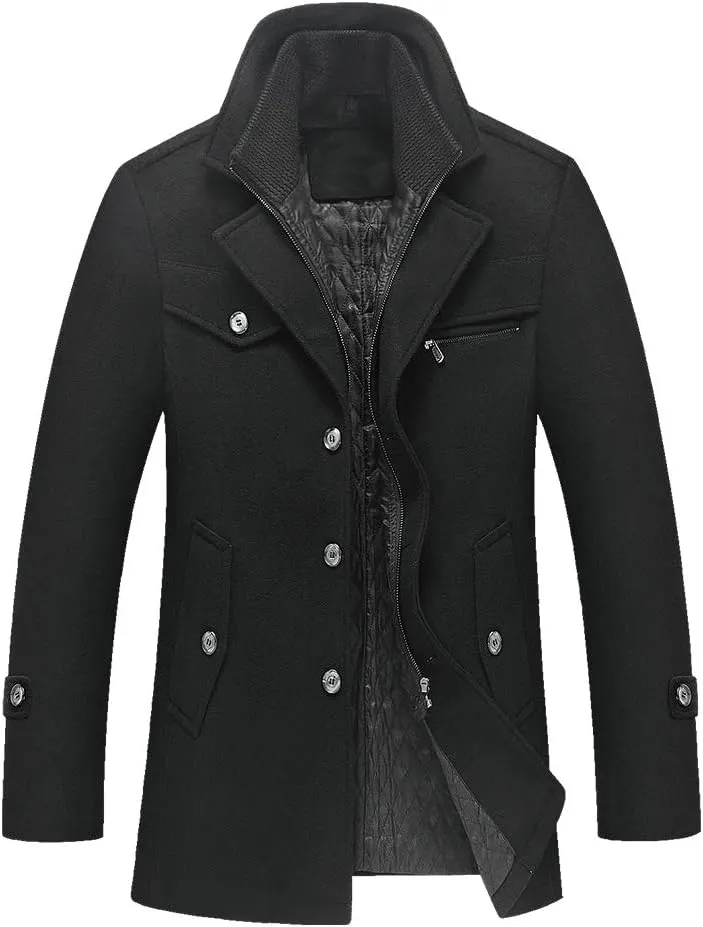 Tebreux Men's Winter Pea Coat Slim Fit Single Breasted Short Wool Jacket Woolen Trench Coat