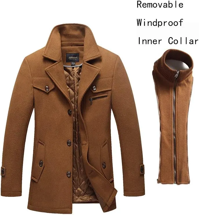 Tebreux Men's Winter Pea Coat Slim Fit Single Breasted Short Wool Jacket Woolen Trench Coat