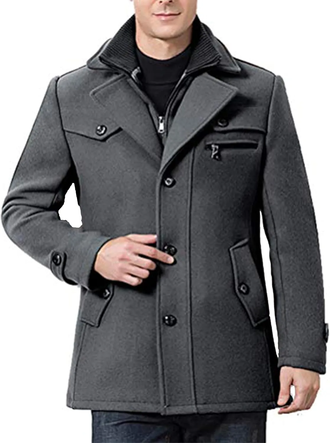 Tebreux Men's Winter Pea Coat Slim Fit Single Breasted Short Wool Jacket Woolen Trench Coat