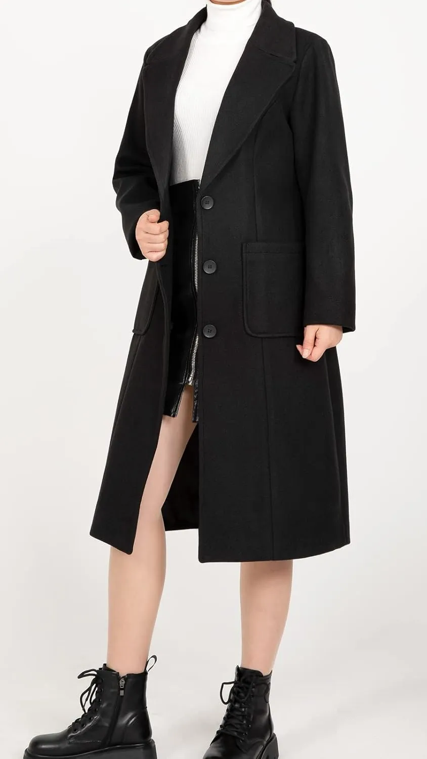 ThCreasa Womens Wool Blend Single Breasted Trench Coat Notch Lapel Winter Peacoat Jacket