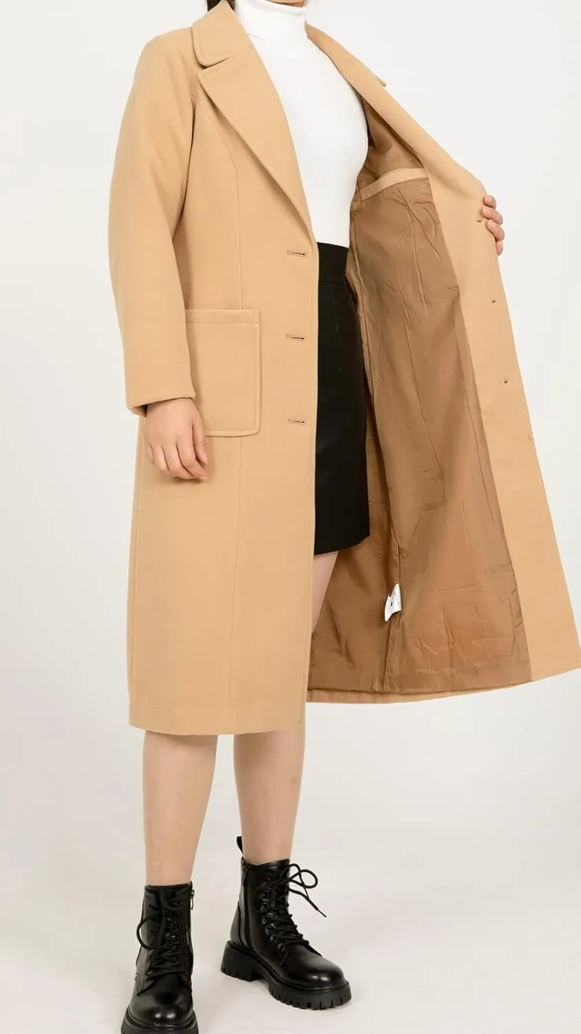 ThCreasa Womens Wool Blend Single Breasted Trench Coat Notch Lapel Winter Peacoat Jacket