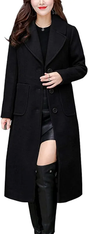 ThCreasa Womens Wool Blend Single Breasted Trench Coat Notch Lapel Winter Peacoat Jacket