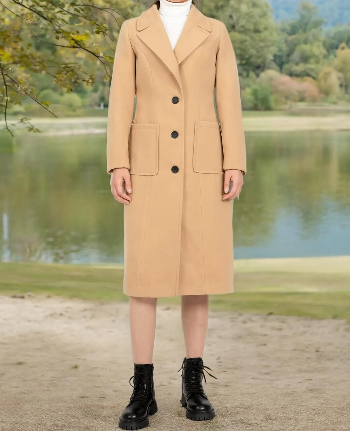 ThCreasa Womens Wool Blend Single Breasted Trench Coat Notch Lapel Winter Peacoat Jacket