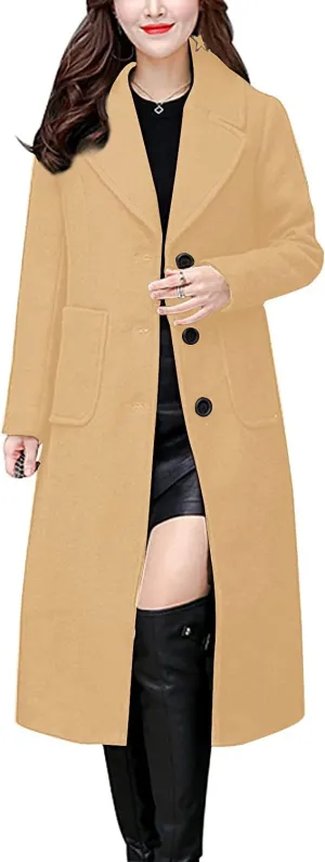 ThCreasa Womens Wool Blend Single Breasted Trench Coat Notch Lapel Winter Peacoat Jacket
