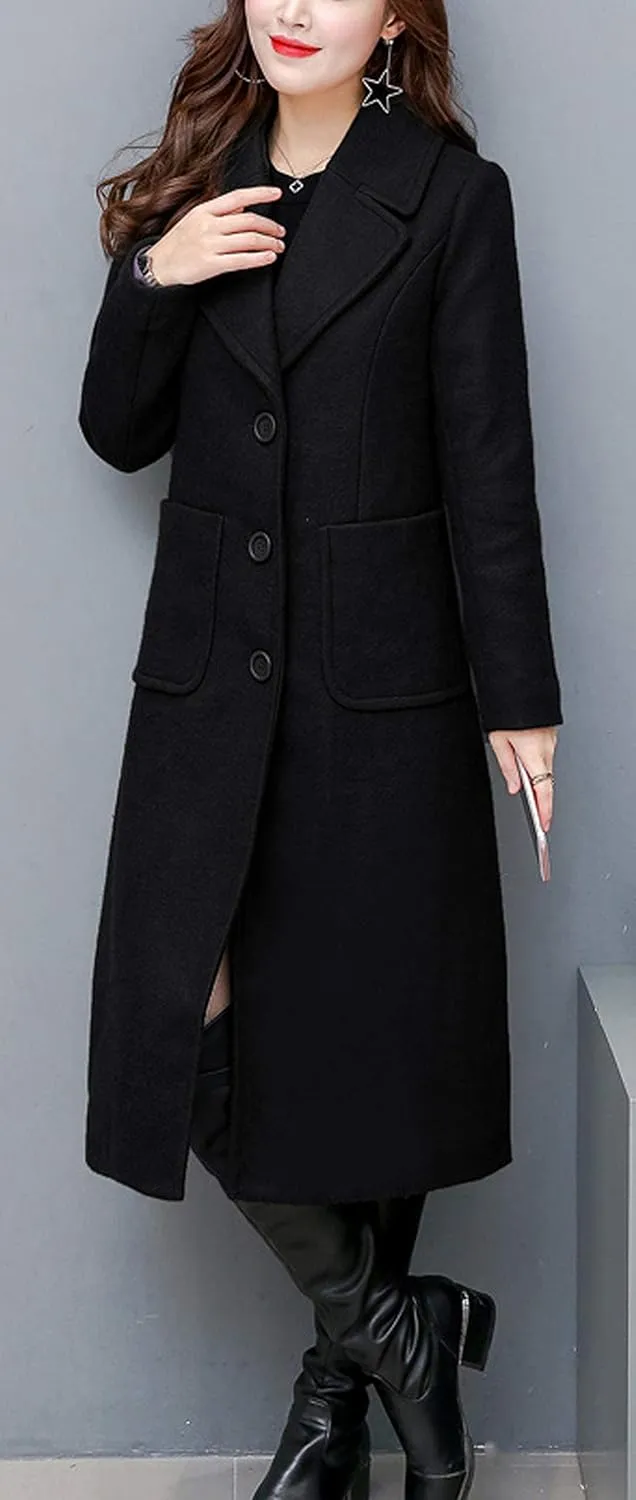 ThCreasa Womens Wool Blend Single Breasted Trench Coat Notch Lapel Winter Peacoat Jacket