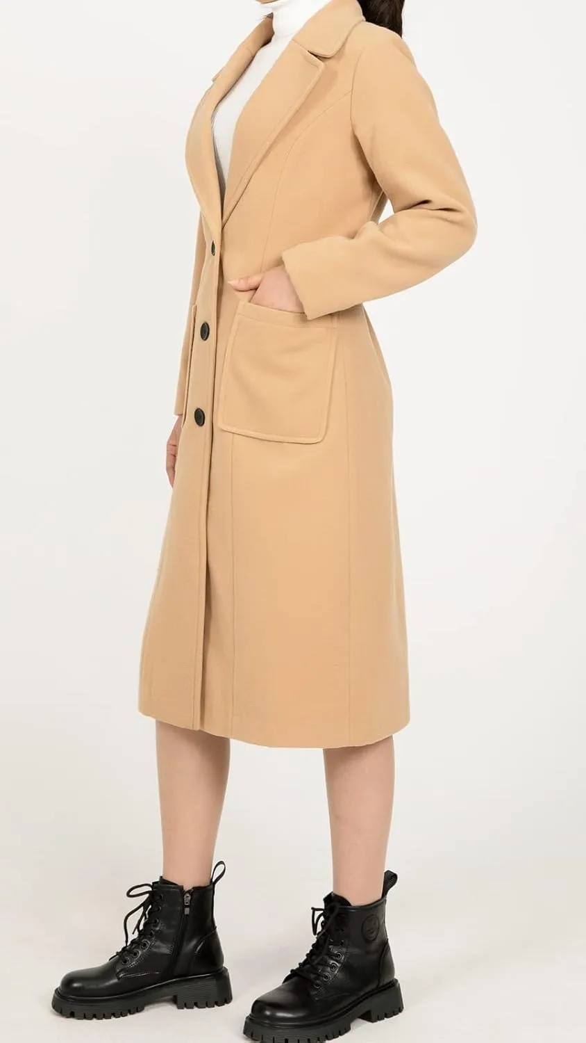 ThCreasa Womens Wool Blend Single Breasted Trench Coat Notch Lapel Winter Peacoat Jacket