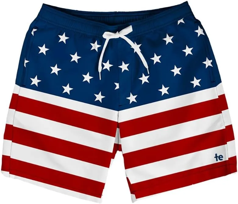 Tipsy Elves Men's USA Swimming Trunks 7'' Inseam 4 Way Stretch Fabric w/Mesh Liner Swim Trunks for Men Bathing Suit