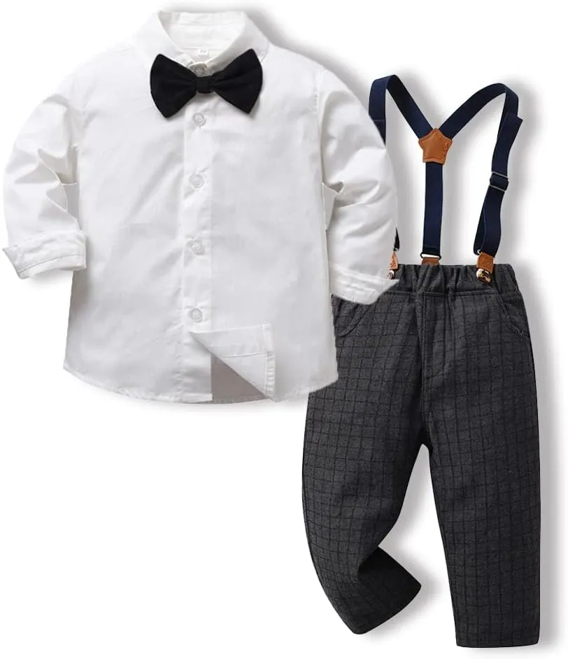 Toddler Boys Gentleman Outfits Long Sleeve White Bowtie Shirts Suspenders Pants Suits Tuxedos